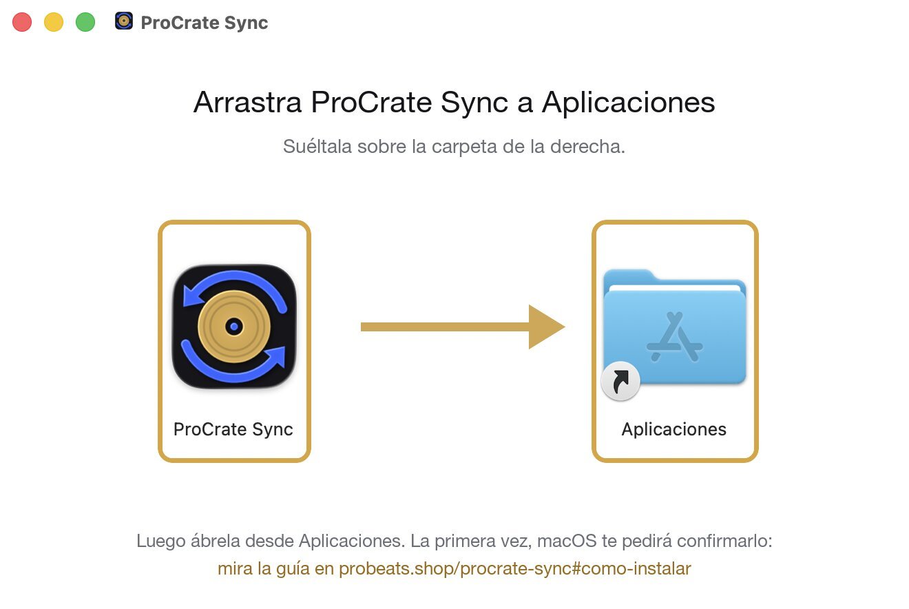 Ventana del instalador: ProCrate Sync a la izquierda, flecha y carpeta Aplicaciones a la derecha