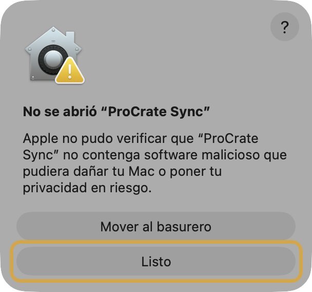 Aviso de macOS No se abrió ProCrate Sync con el botón Listo resaltado