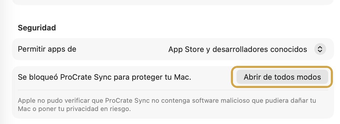 Ajustes del Sistema, sección Seguridad: Se bloqueó ProCrate Sync con el botón Abrir de todos modos resaltado
