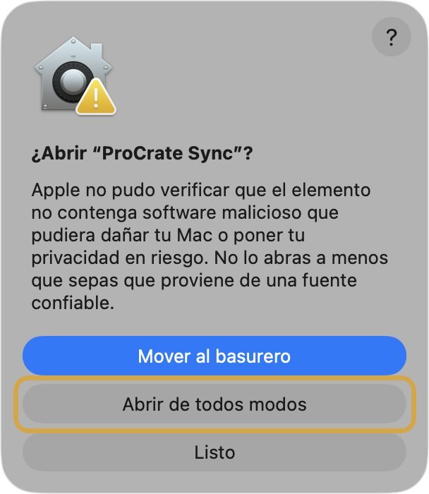 Aviso ¿Abrir ProCrate Sync? con el botón Abrir de todos modos resaltado