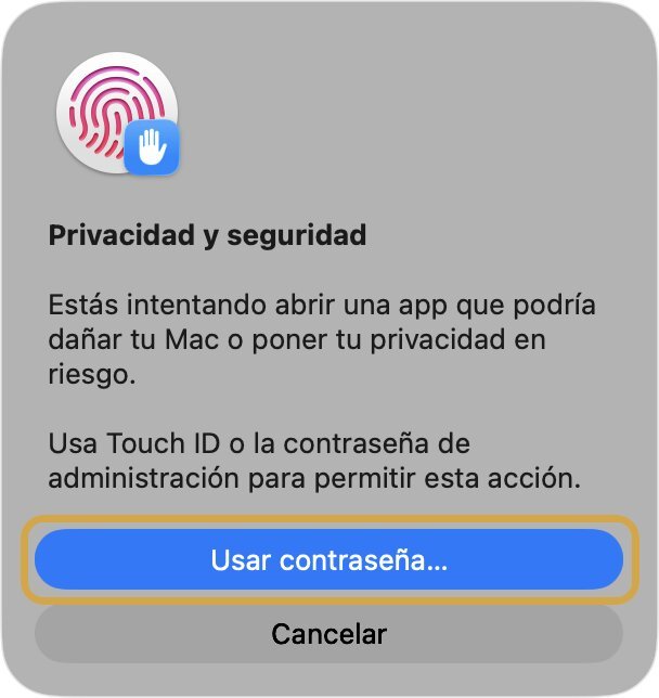 Petición de Touch ID o contraseña de Privacidad y seguridad