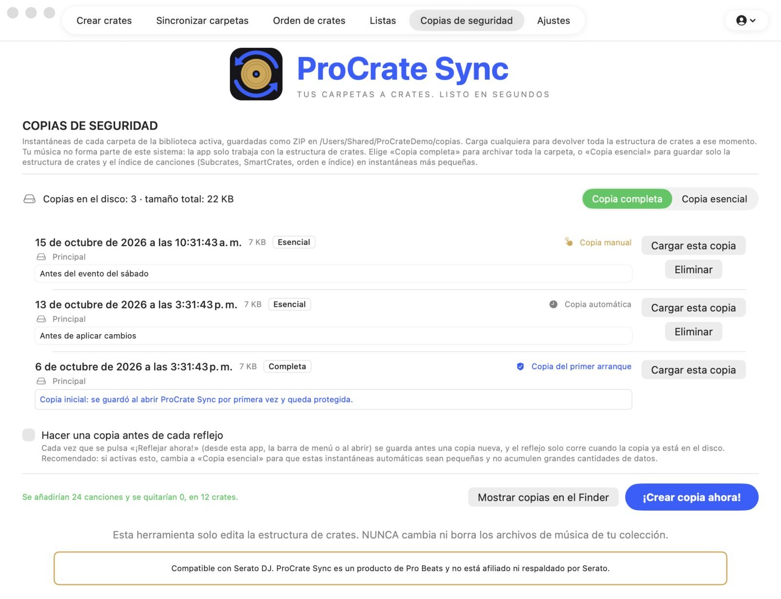 Pantalla Copias de seguridad con tres copias guardadas