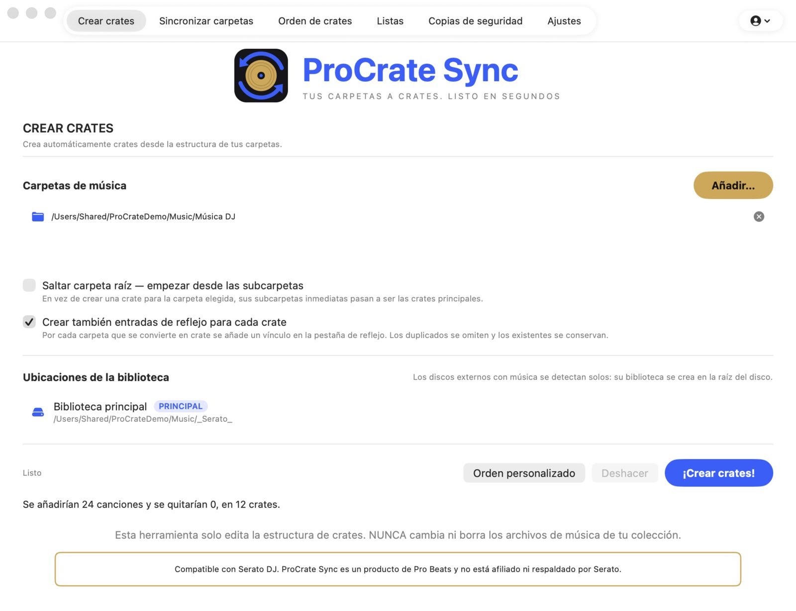 Pantalla Crear crates con la carpeta de música elegida