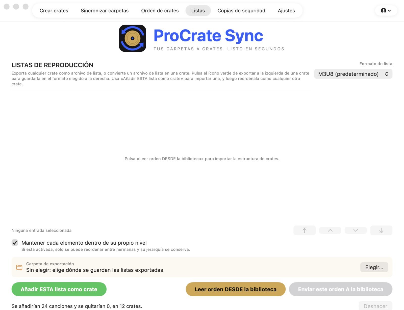 Pantalla Listas de reproducción con el árbol de crates