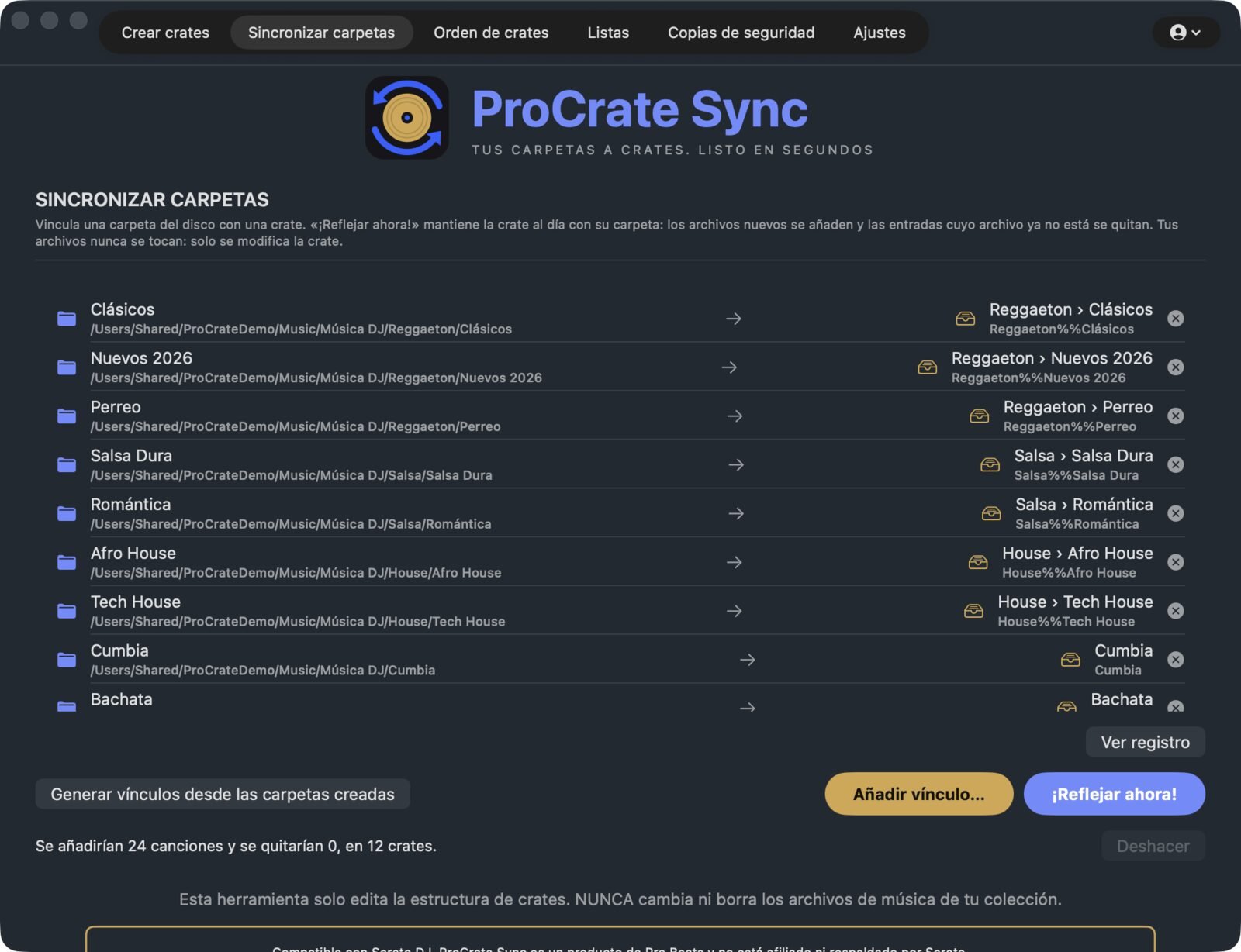 Pantalla Sincronizar carpetas en modo oscuro: cada carpeta vinculada con su crate