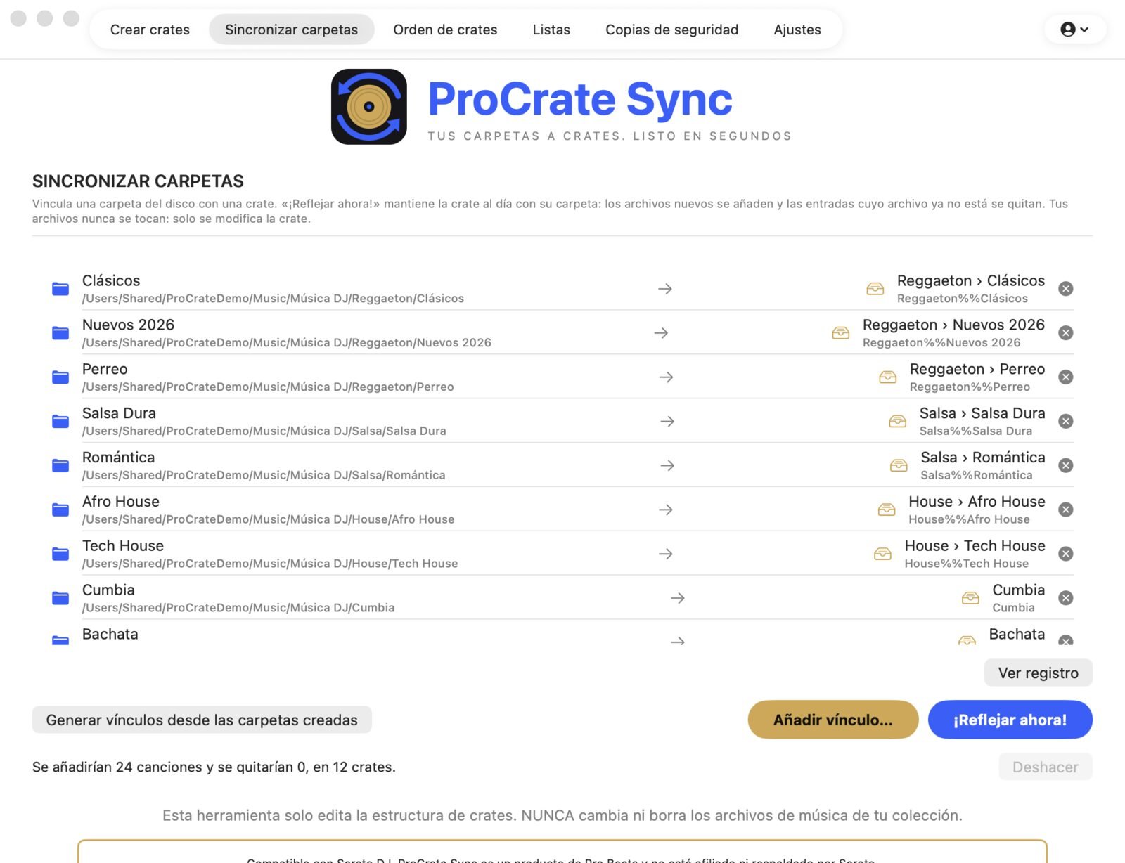 ProCrate Sync en el Mac: pantalla Sincronizar carpetas con doce carpetas vinculadas a sus crates